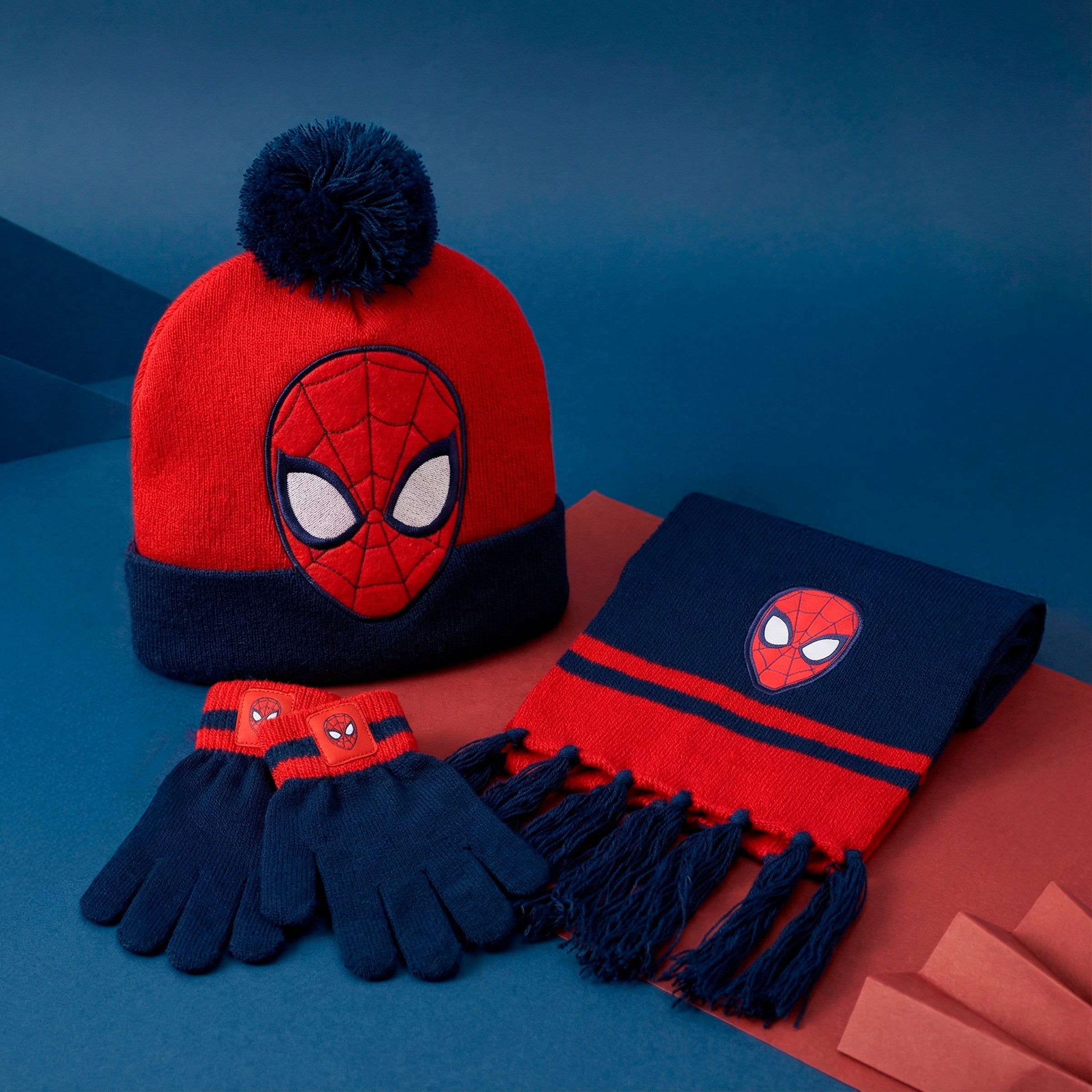 Spider-Man Bommelmütze Handschuhe und Schal Set für Kinder