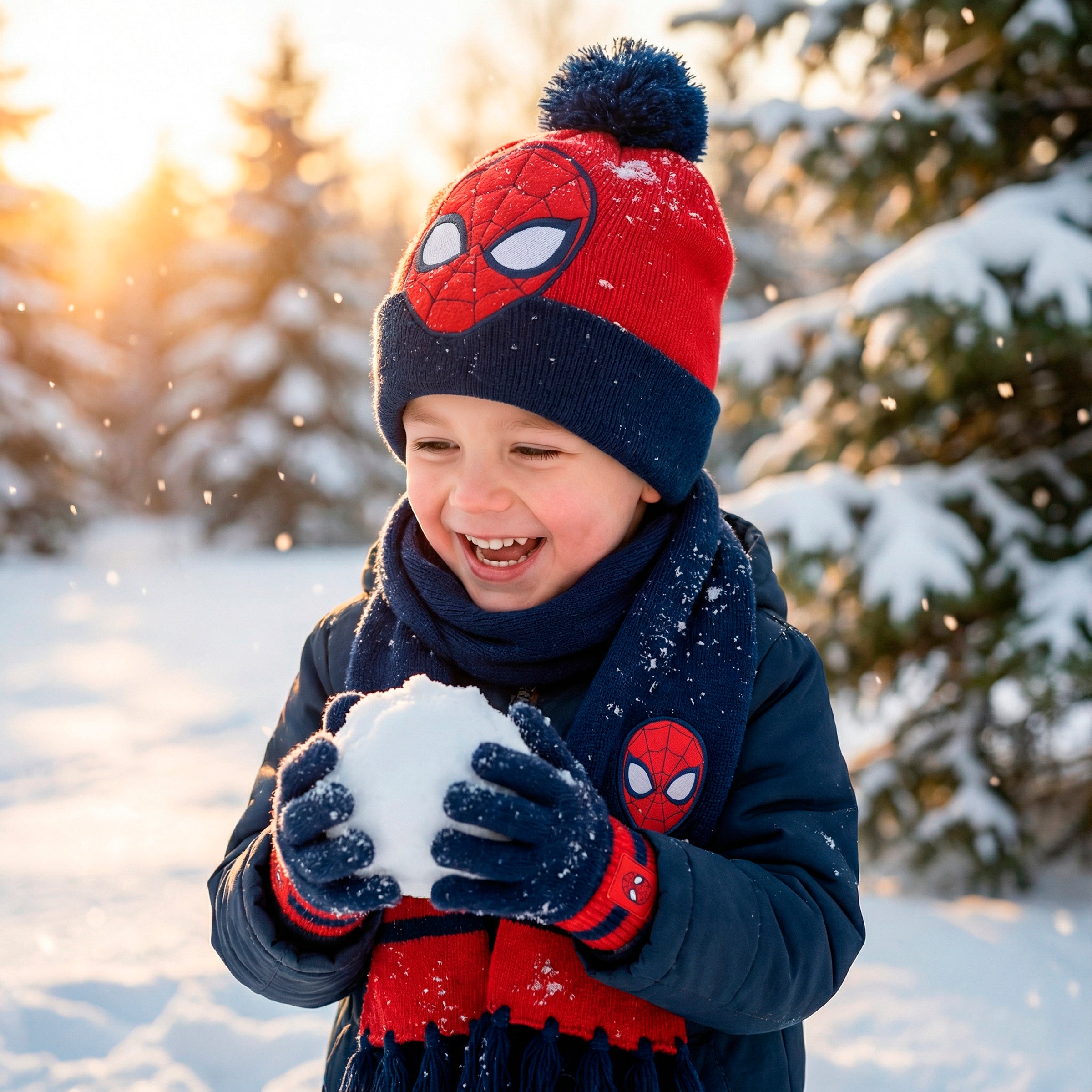 Spider-Man Bommelmütze Handschuhe und Schal Set für Kinder