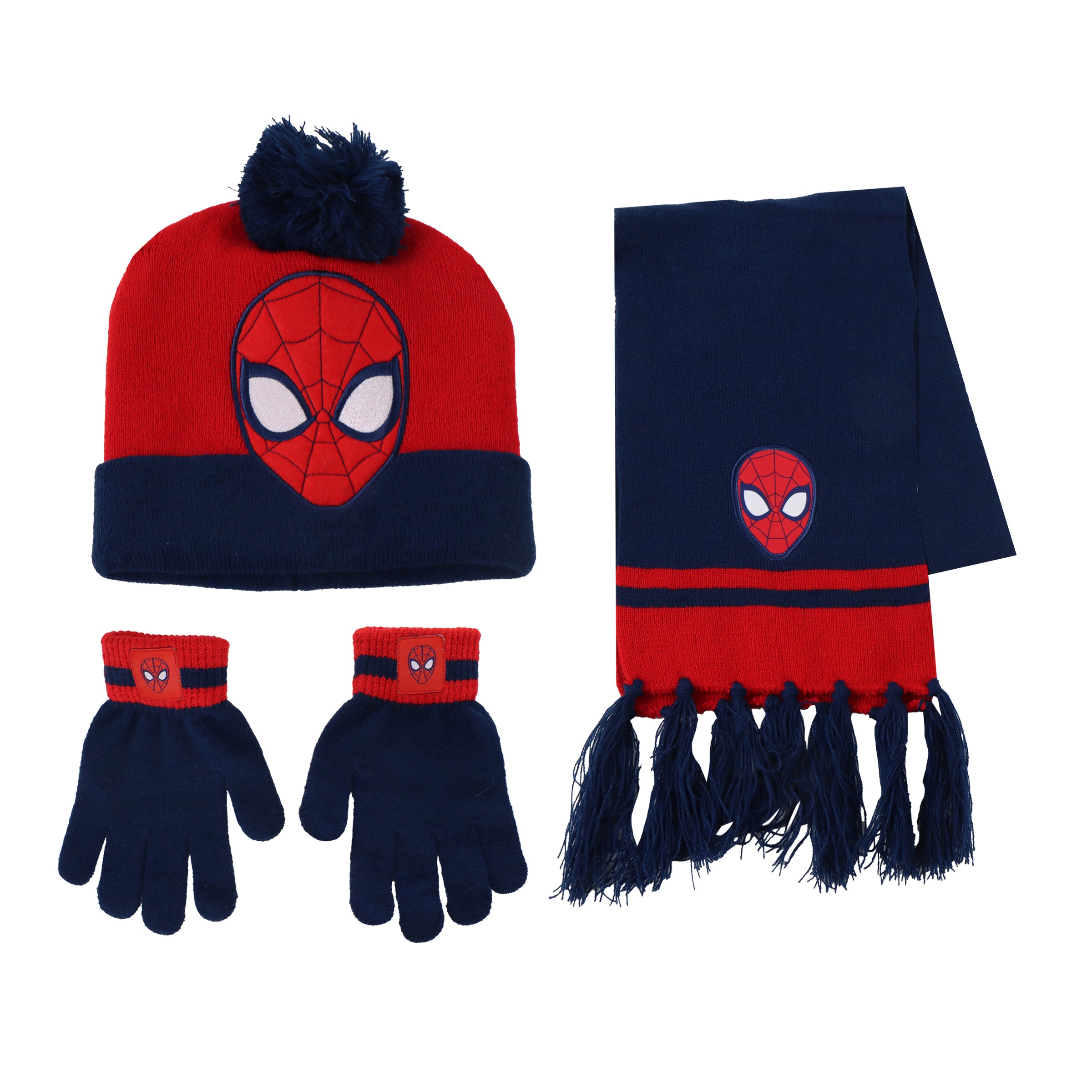 Spider-Man Bommelmütze Handschuhe und Schal Set für Kinder