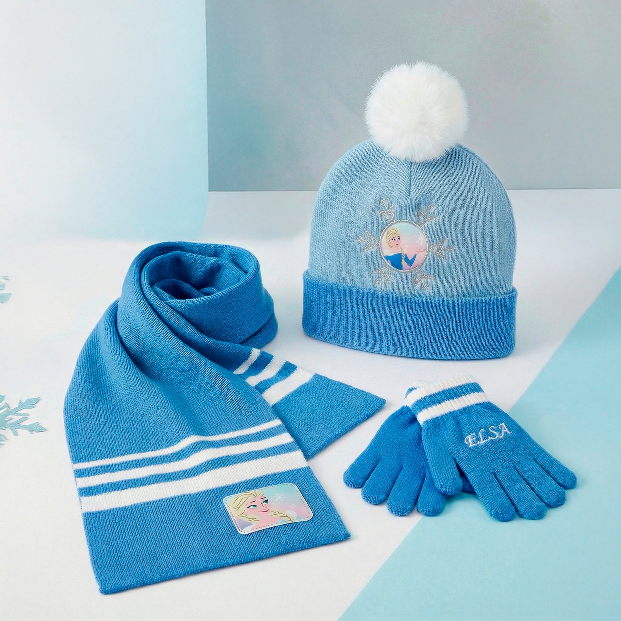 Eiskönigin Bommelmütze Handschuhe und Schal Set für Kinder