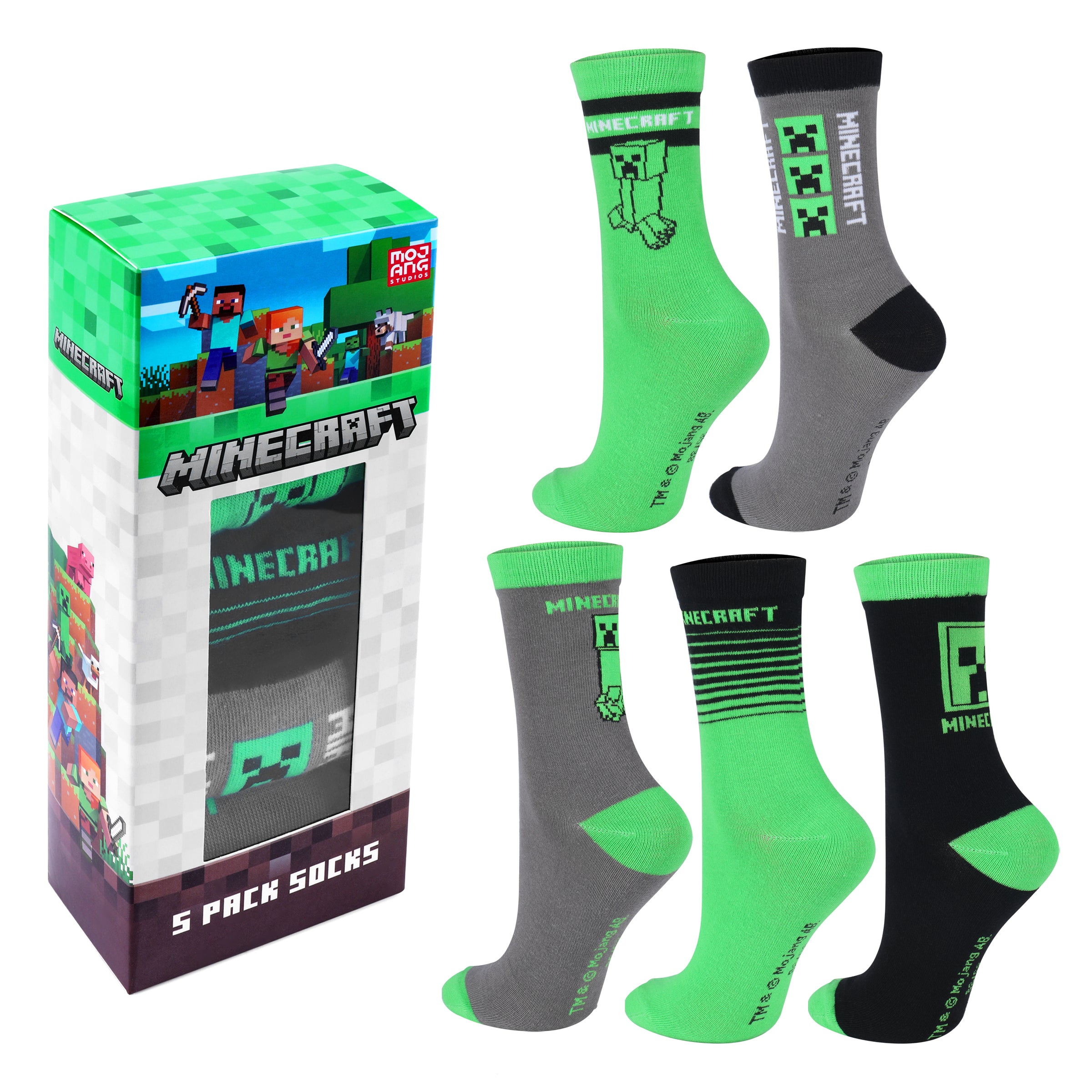 Minecraft Creeper Socken Strümpfe 5er Paar in Minecraft Geschenkverpackung
