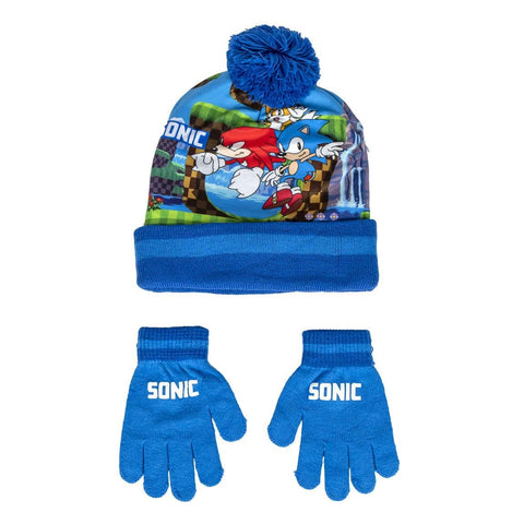 Super Sonic Bommel Mütze und Handschuhe Set Wintermütze Beanie Blau