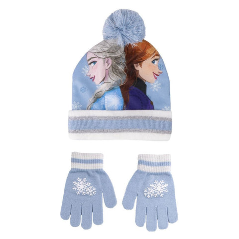 Eiskönigin Bommelmütze und Handschuh Set Wintermütze Mütze Anna und Elsa Hellblau