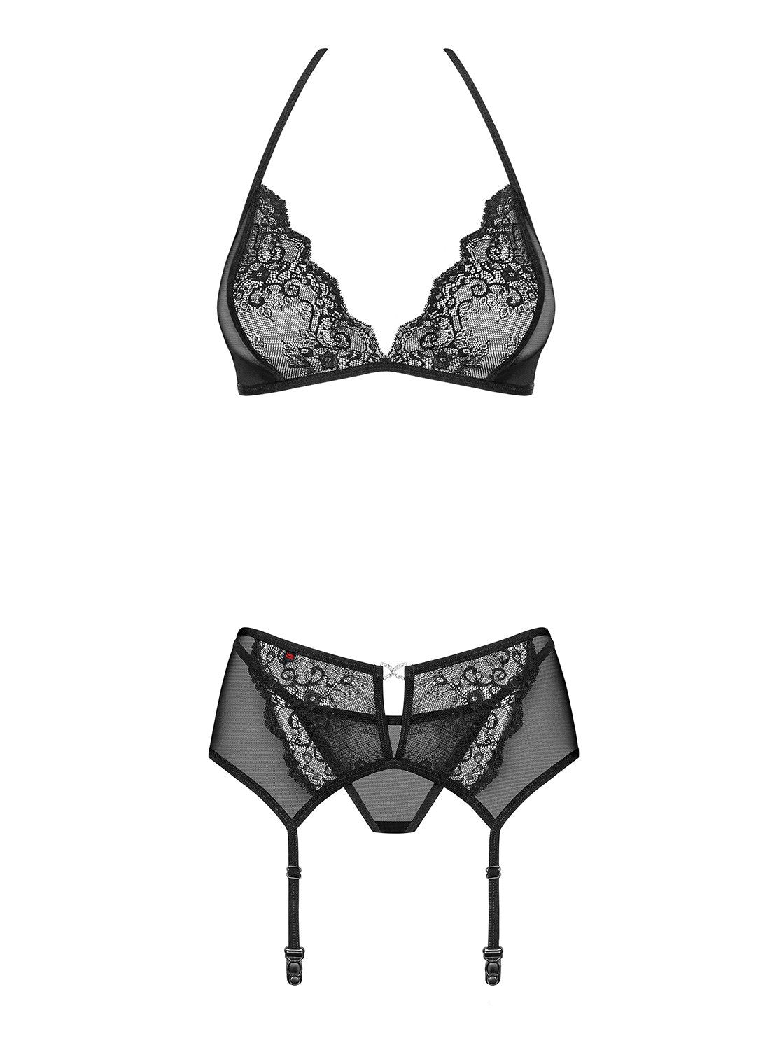Damen Dessous Reizwäsche Set aus BH, Straps-Gürtel und String mit schwarzer Spitze transparent Größe: L/XL