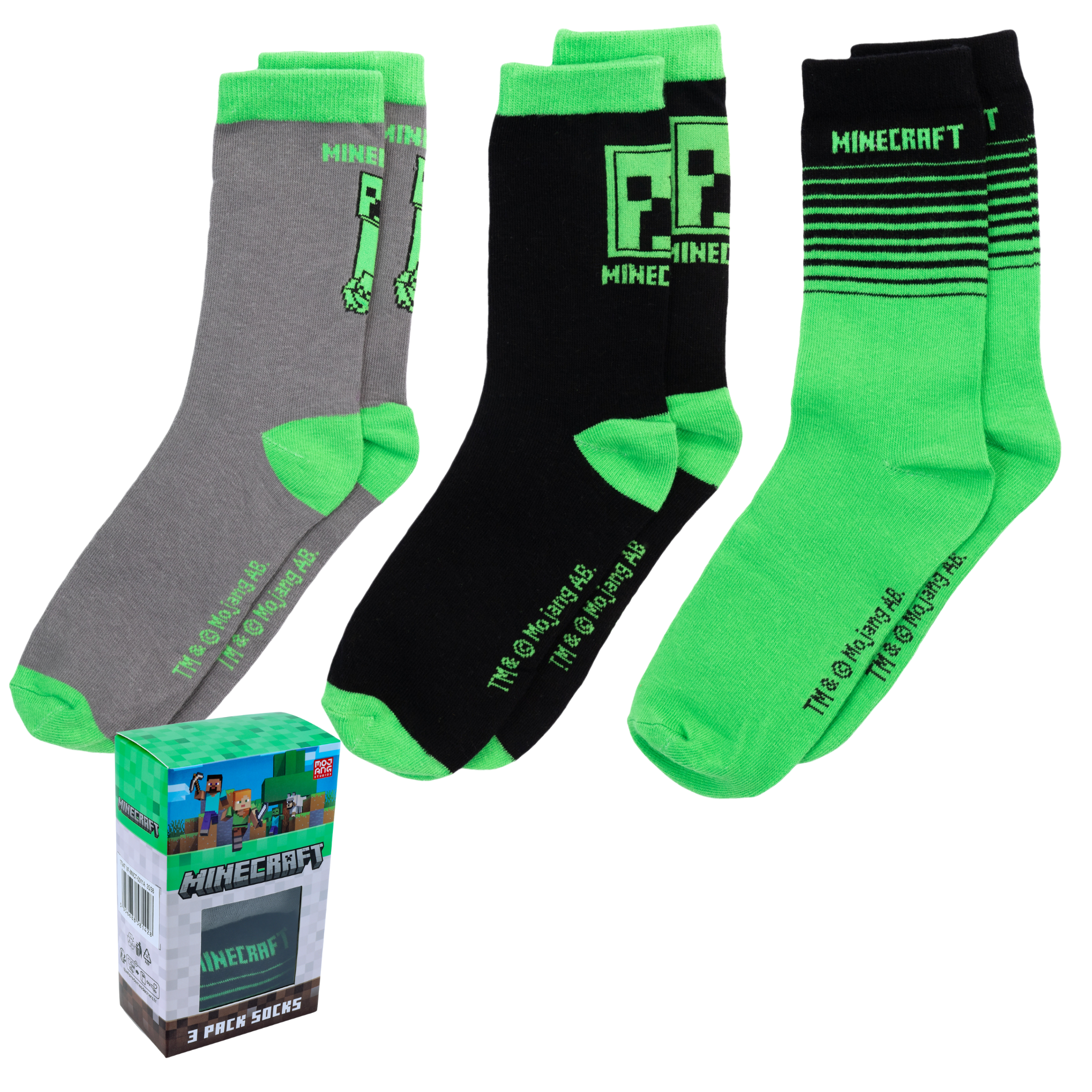 Minecraft Creeper Socken Strümpfe 3er Paar in Minecraft Geschenkverpackung